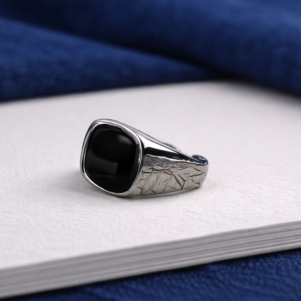 Silver men Ring Black Oval shaped Stone "محبوب الجماهير" 🇹🇳🖤✨